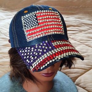 American Flag Rhinestone Denim Ball Cap NWT!